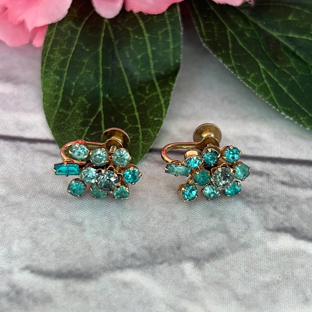 Coro 1950’s blue rhinestone clip on earrings SIGNED